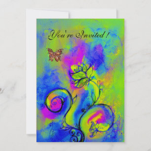 WHIMSICAL FLOWERS & BUTTERFLIES blue yellow purple Invitation