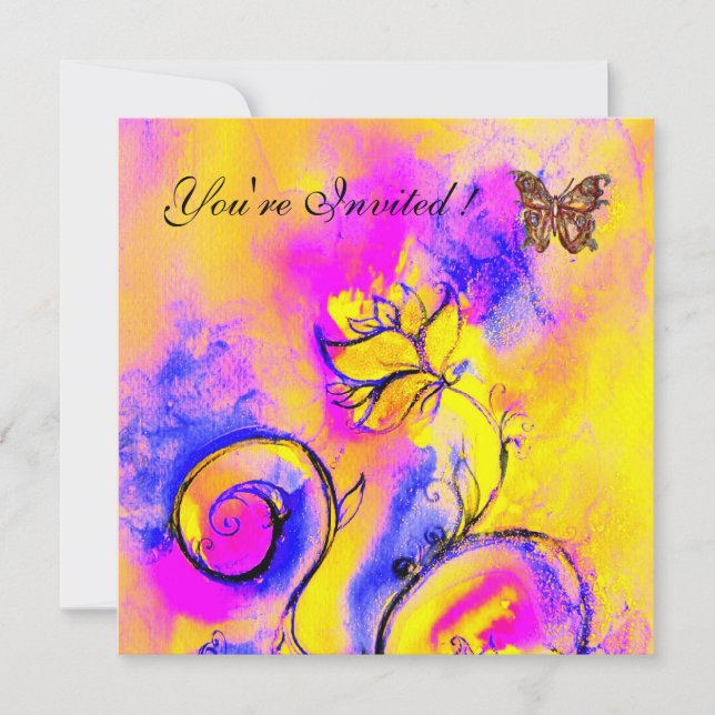 WHIMSICAL FLOWERS & BUTTERFLIES pink blue yellow Invitation (Front)