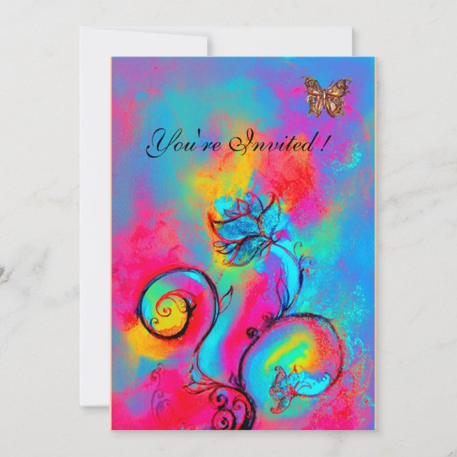 WHIMSICAL FLOWERS & BUTTERFLIES pink blue yellow Invitation (Front)
