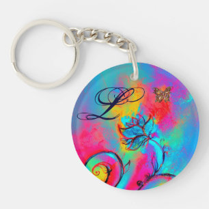 WHIMSICAL FLOWERS & BUTTERFLIES pink yellow blue Key Ring