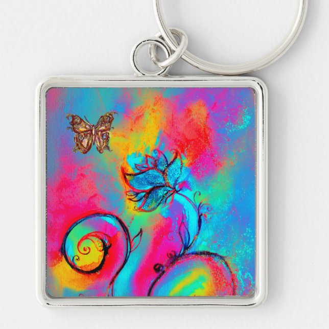 WHIMSICAL FLOWERS & BUTTERFLIES pink yellow blue Key Ring (Front)