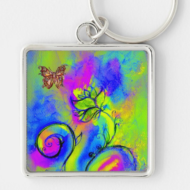 WHIMSICAL FLOWERS & BUTTERFLIES pink yellow blue Key Ring (Front)