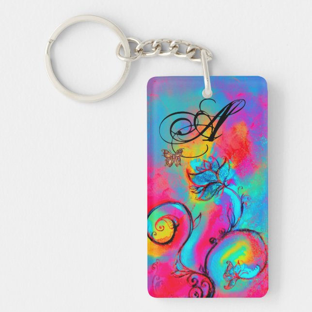 WHIMSICAL FLOWERS & BUTTERFLIES pink yellow blue Key Ring (Front)
