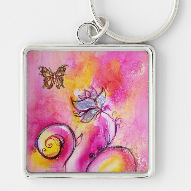 WHIMSICAL FLOWERS & BUTTERFLIES pink yellow blue Key Ring (Front)