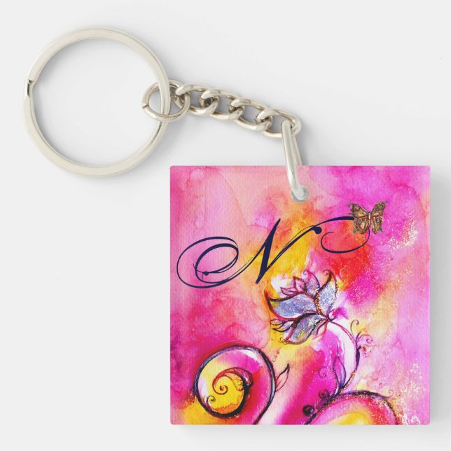 WHIMSICAL FLOWERS & BUTTERFLIES pink yellow blue Key Ring (Front)