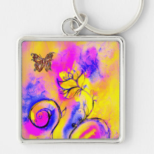 WHIMSICAL FLOWERS & BUTTERFLIES pink yellow blue Key Ring