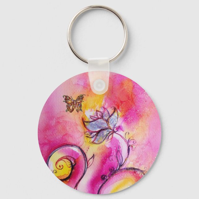 WHIMSICAL FLOWERS & BUTTERFLIES pink yellow blue Key Ring (Front)