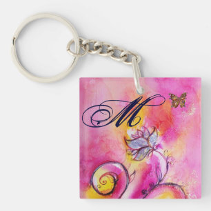 WHIMSICAL FLOWERS & BUTTERFLIES pink yellow blue Key Ring