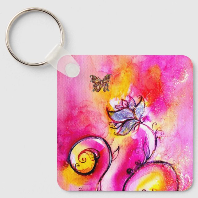 WHIMSICAL FLOWERS & BUTTERFLIES pink yellow blue Key Ring (Front)