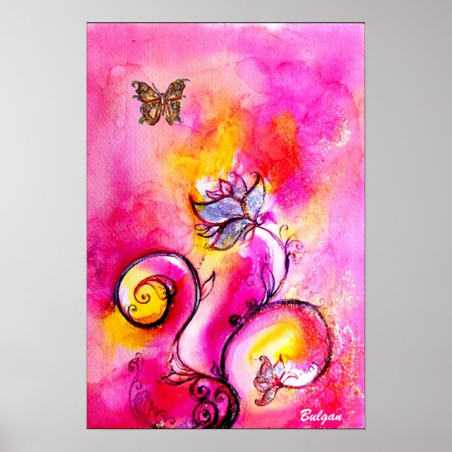 WHIMSICAL FLOWERS & BUTTERFLIES  pink yellow blue Poster (Front)