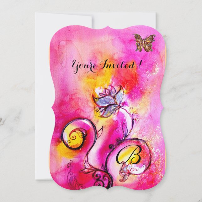 WHIMSICAL FLOWERS & BUTTERFLIES pink yellow Invitation (Front)