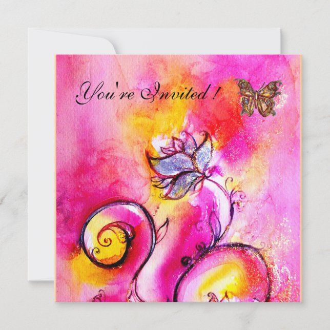 WHIMSICAL FLOWERS & BUTTERFLIES pink yellow Invitation (Front)