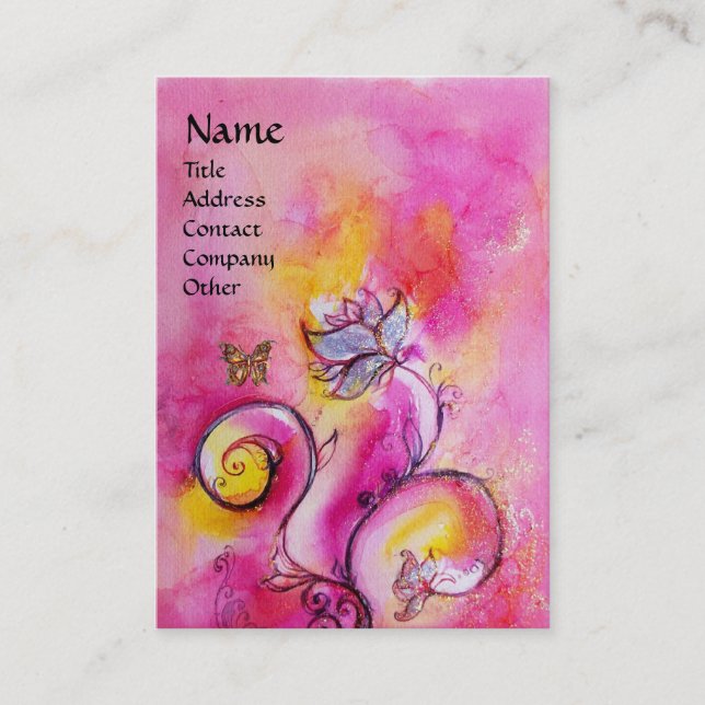 WHIMSICAL FLOWERS & BUTTERFLIES pink yellow purple Business Card (Front)
