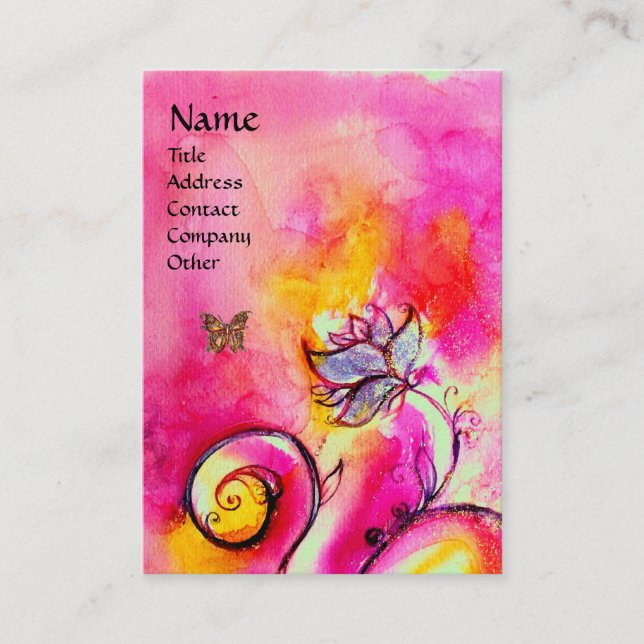 WHIMSICAL FLOWERS & BUTTERFLIES pink yellow purple Business Card (Front)
