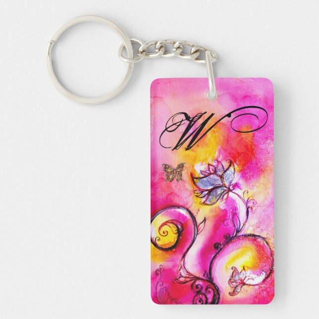 WHIMSICAL FLOWERS & BUTTERFLIES pink yellow purple Key Ring (Front)