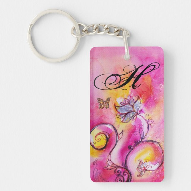 WHIMSICAL FLOWERS & BUTTERFLIES pink yellow purple Key Ring (Front)