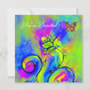 WHIMSICAL FLOWERS & BUTTERFLIES purple blue green Invitation