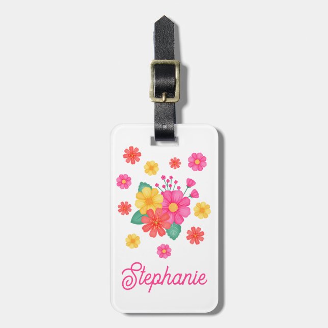 Whimsical Flowers Custom Text Monogrammed Luggage Tag (Front Vertical)