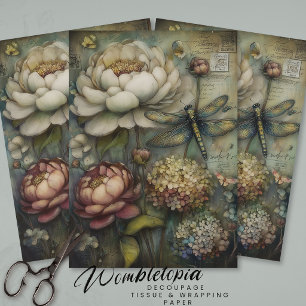 Whimsical Flowers & Dragonfly Ephemera Decoupage Tissue Paper