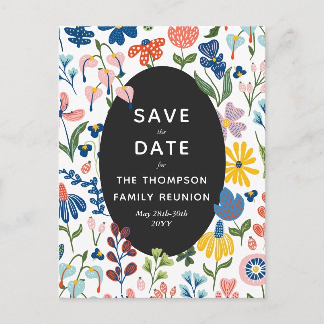 Whimsical Flowers Family Reunion Save the Date Invitation Postcard (Front)