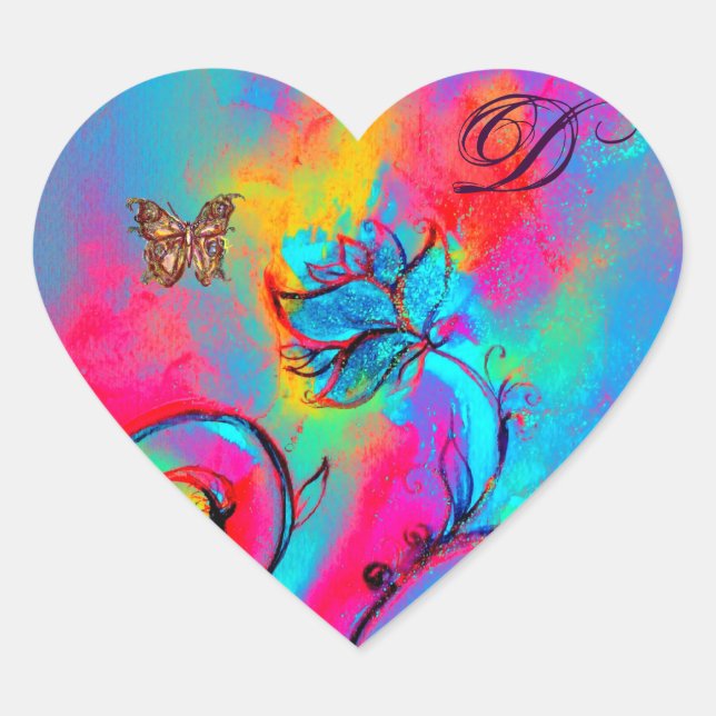 WHIMSICAL FLOWERS, GOLD BUTTERFLY HEART MONOGRAM HEART STICKER (Front)