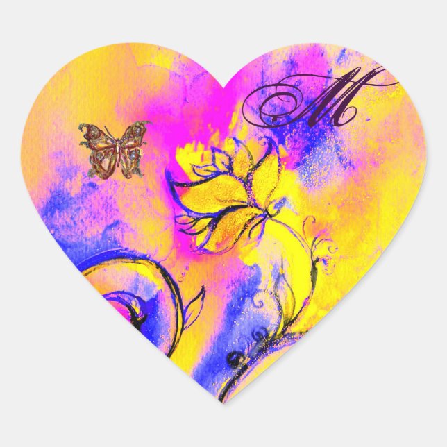 WHIMSICAL FLOWERS, GOLD BUTTERFLY HEART MONOGRAM STICKER (Front)