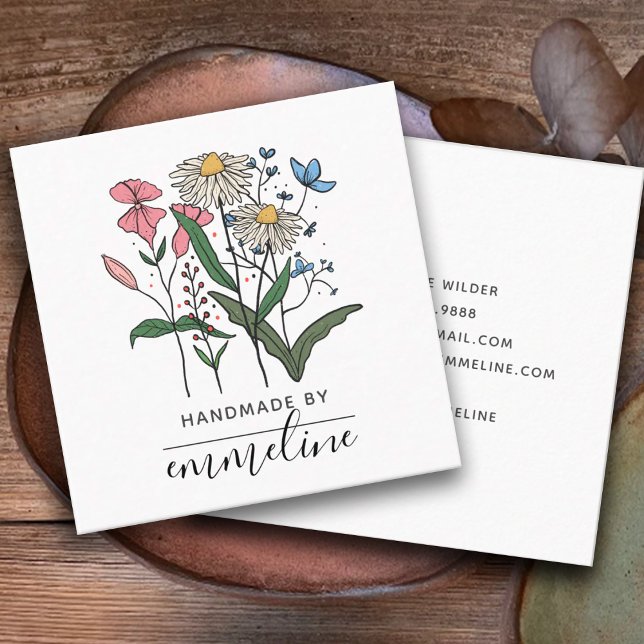Whimsical Flowers Handmade By Craftsman  Square Business Card (Creator Uploaded)