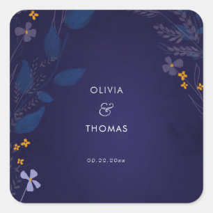 Whimsical Flowers Illustration Navy Garden Wedding Square Sticker