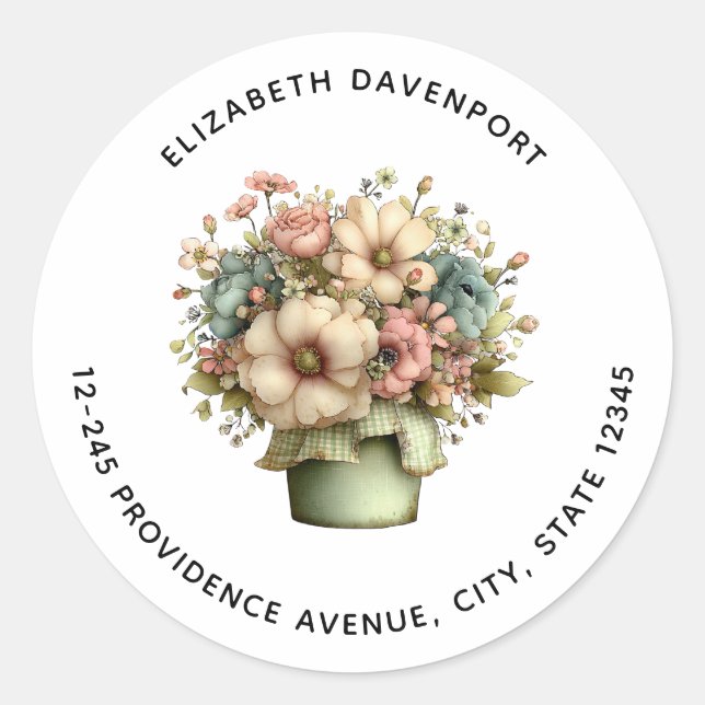 Whimsical Flowers in a Planter Pot Cute Address Classic Round Sticker (Front)