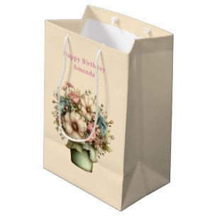 Whimsical Flowers in a Planter Pot Cute Birthday Medium Gift Bag