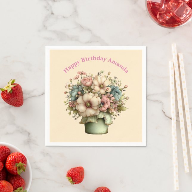 Whimsical Flowers in a Planter Pot Cute Birthday Napkin (Insitu)