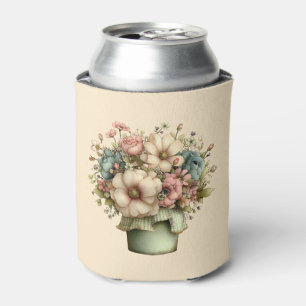 Whimsical Flowers in a Planter Pot Cute Can Cooler