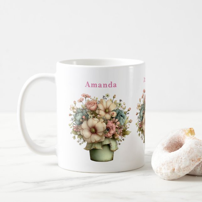 Whimsical Flowers in a Planter Pot Cute Coffee Mug (With Donut)