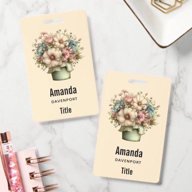 Whimsical Flowers in a Planter Pot Cute ID Badge (Office)
