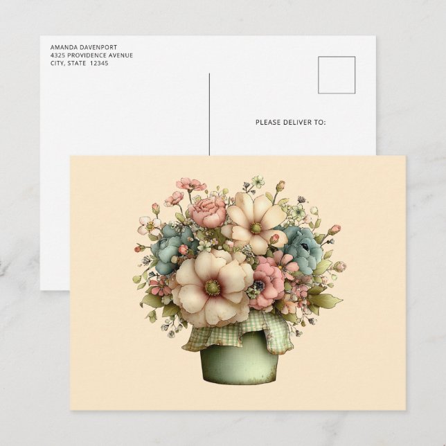 Whimsical Flowers in a Planter Pot Cute Postcard (Front/Back)