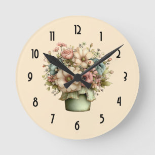 Whimsical Flowers in a Planter Pot Cute Round Clock