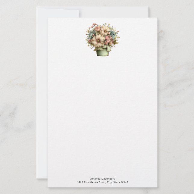 Whimsical Flowers in a Planter Pot Cute Stationery (Front)