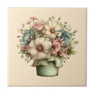 Whimsical Flowers in a Planter Pot Cute Tile