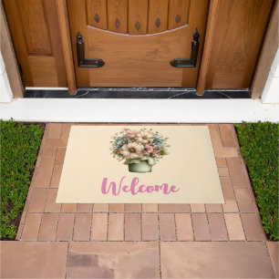 Whimsical Flowers in a Planter Pot Cute Welcome Doormat