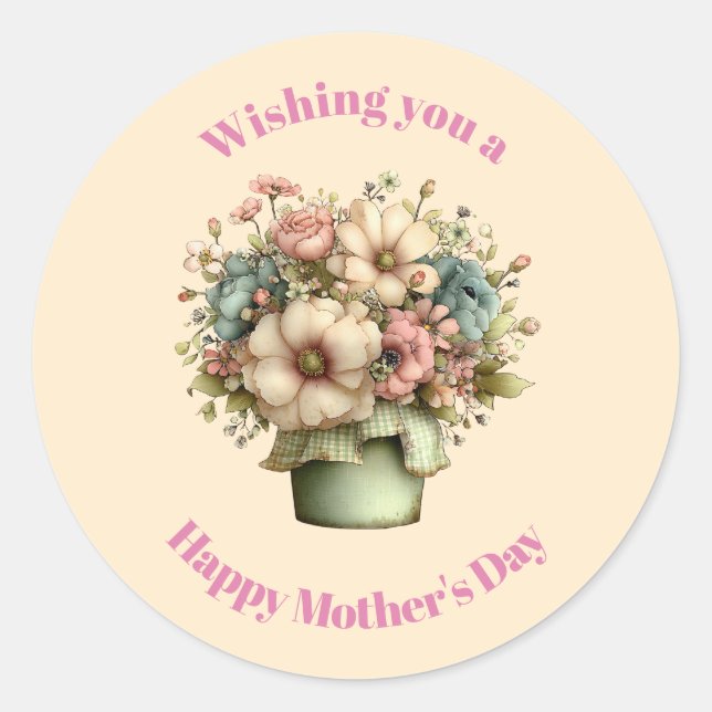 Whimsical Flowers in a Planter Pot Mother's Day Classic Round Sticker (Front)