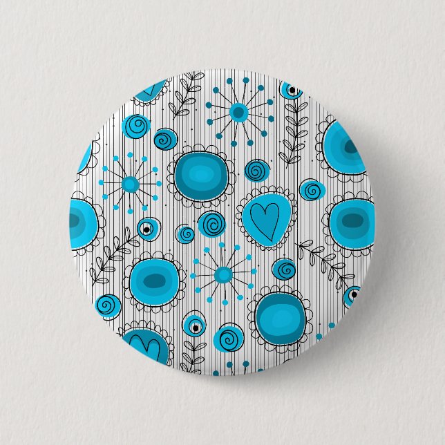 Whimsical flowers in blue and white 6 cm round badge (Front)