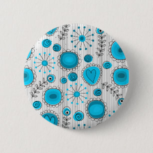 Whimsical flowers in blue and white 6 cm round badge