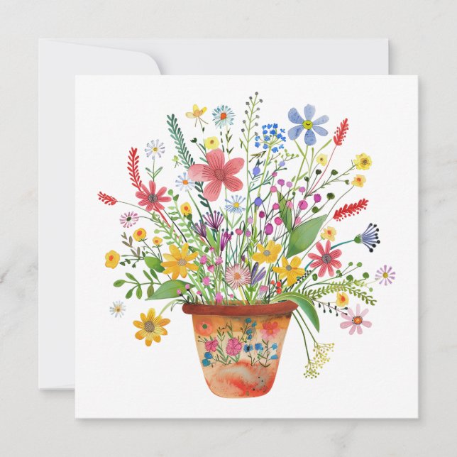 Whimsical Flowers in Pot Cheer Thinking of You Card (Front)