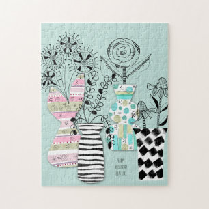 Whimsical Flowers in Vase Illustration Custom Jigsaw Puzzle