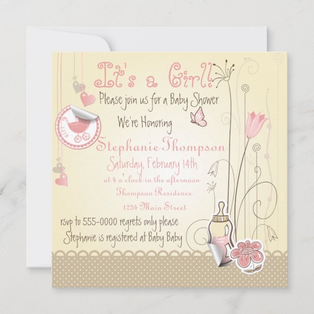 Whimsical Flowers It's A Girl Baby Shower Invitation (Front)