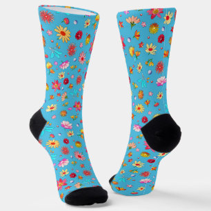 Whimsical Flowers on Blue Background Socks