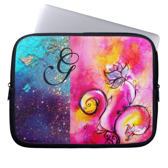 WHIMSICAL FLOWERS pink ,blue,teal,yellow ,pink Laptop Sleeve (Front)