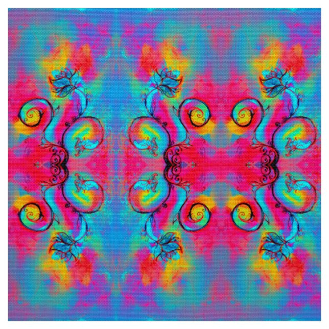 WHIMSICAL FLOWERS pink yellow blue Fabric (Swatch)