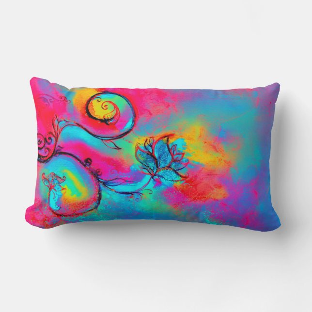WHIMSICAL FLOWERS  pink yellow blue Lumbar Cushion (Front)