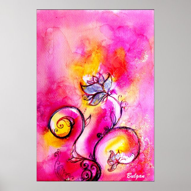 WHIMSICAL FLOWERS  pink yellow blue Poster (Front)